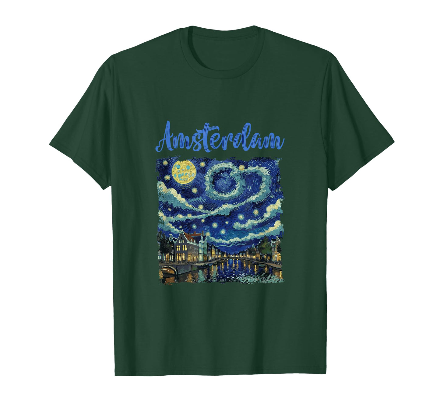 Vintage Amsterdam Canal Street At Night Van Gogh Art Style T-Shirt