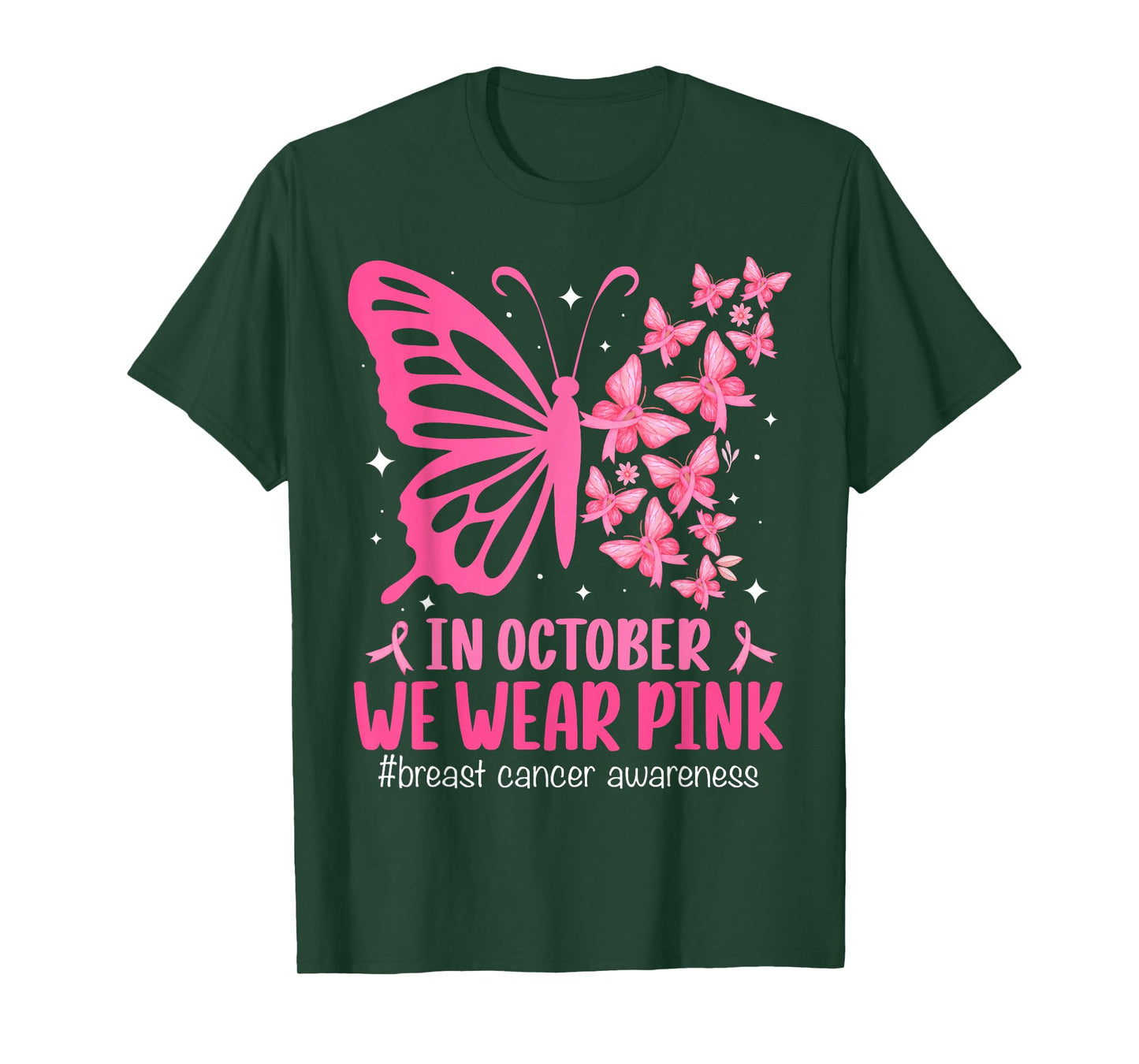 in October We Wear Pink Breast Cancer Awareness Butterfly T-Shirt