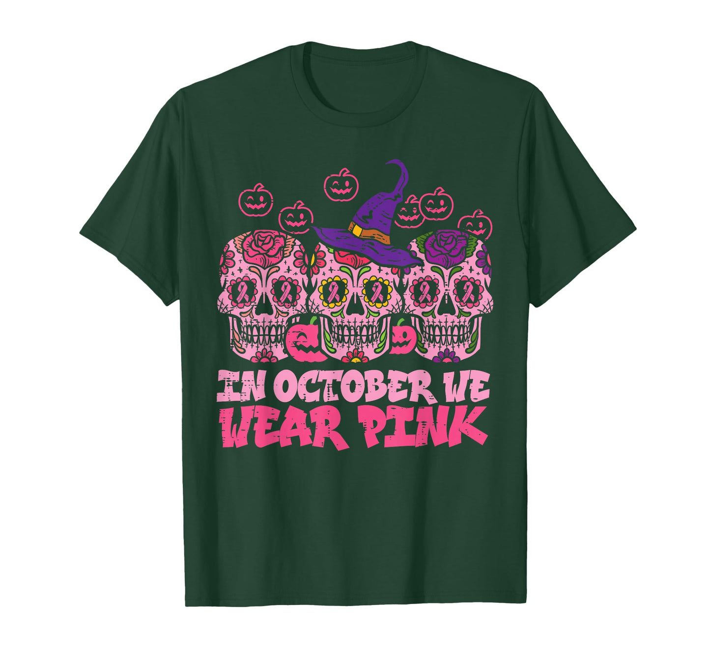 In October We Wear Pink Sugar Skull Halloween Breast Cancer T-Shirt