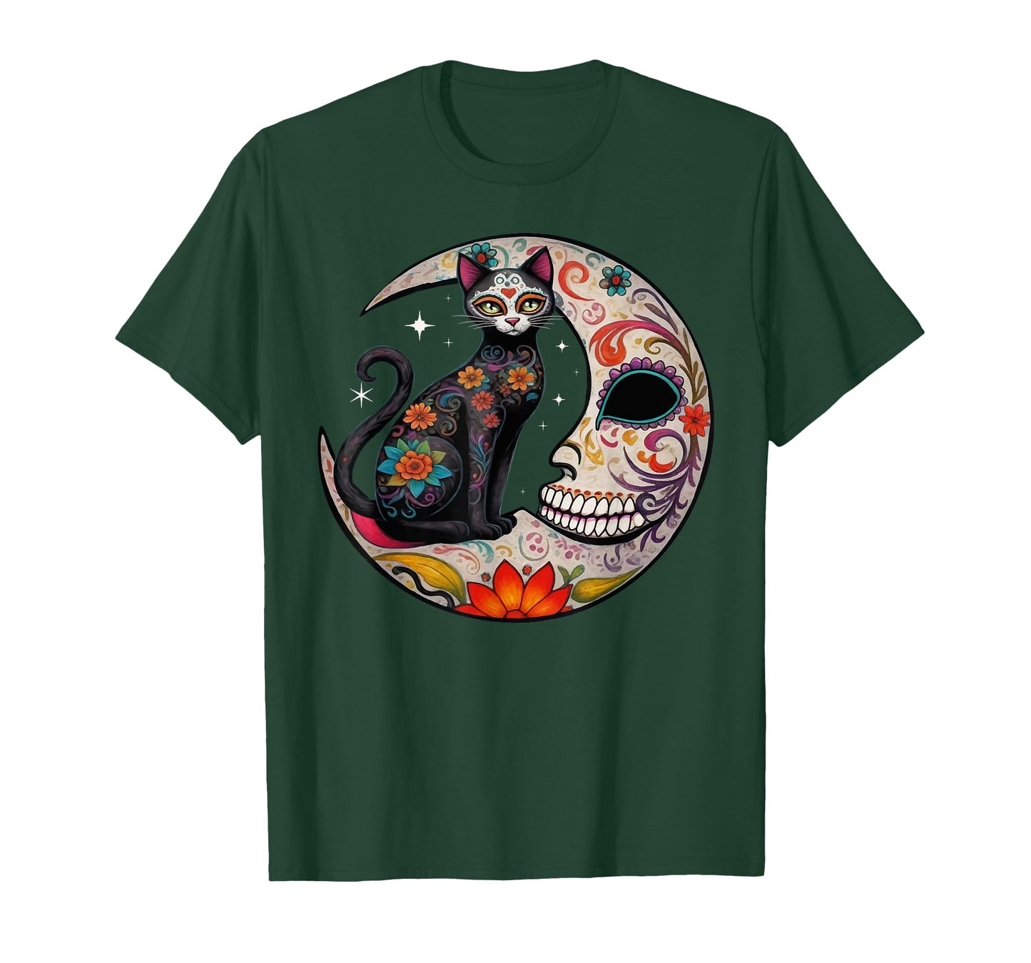 Sugar Skull Cat Moon De Los Muertos Day of Dead Halloween T-Shirt for Men Women