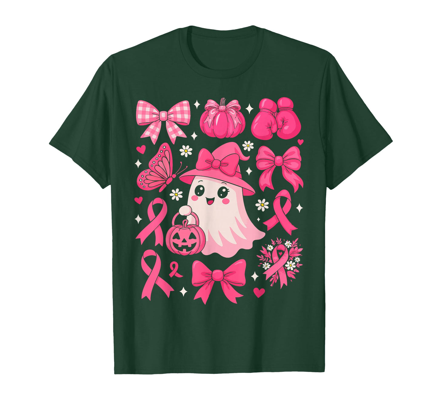 Floral Ghost Pink Ribbon Coquette Bow Pumpkin Breast Cancer T-Shirt