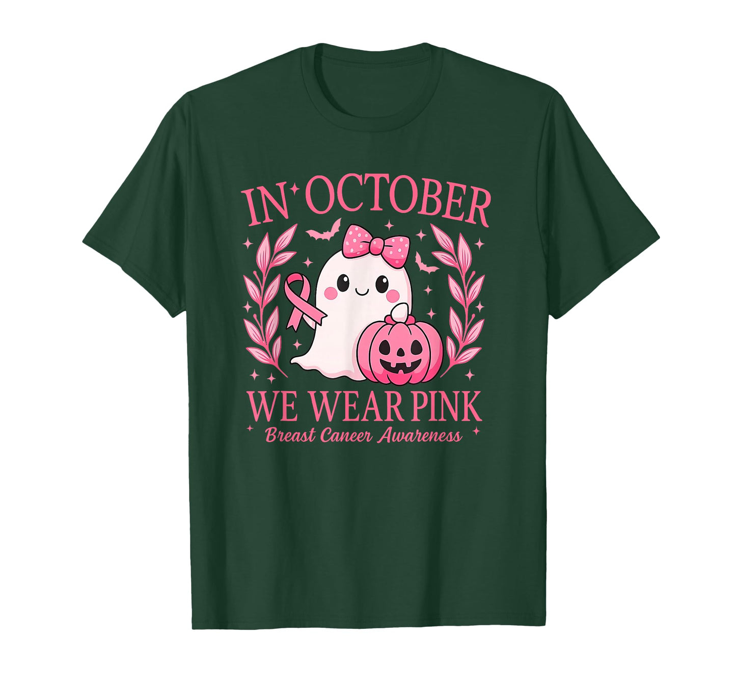 in October We Wear Pink Ghost Witch Breast Cancer Awareness T-Shirt