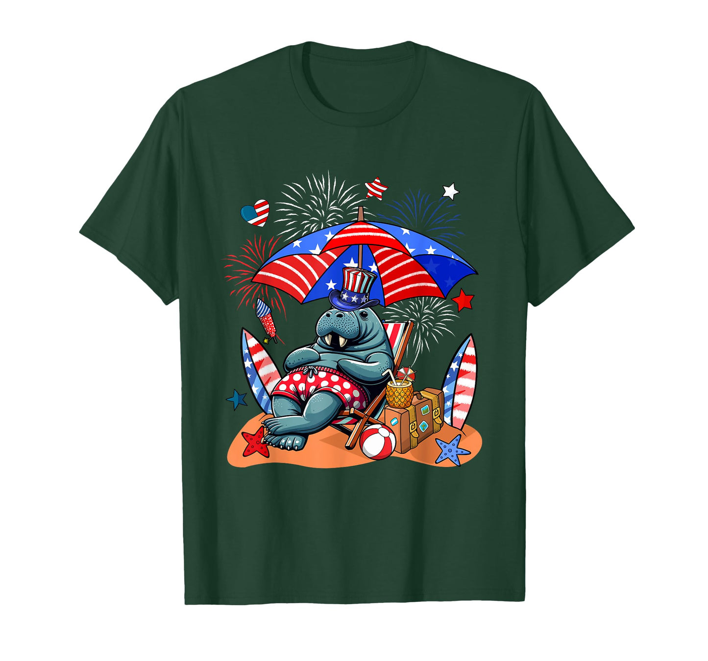 Manatee Sunglasses Relaxing On Beach 4th Of July US Flag T-Shirt