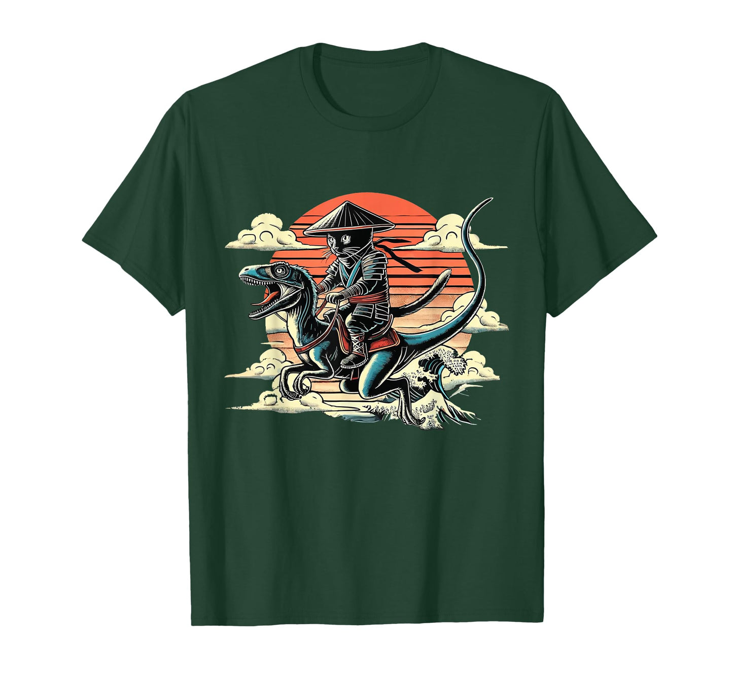 Retro Ninja Cat Riding A Dinosaur Japanese Art Cat Lovers T-Shirt