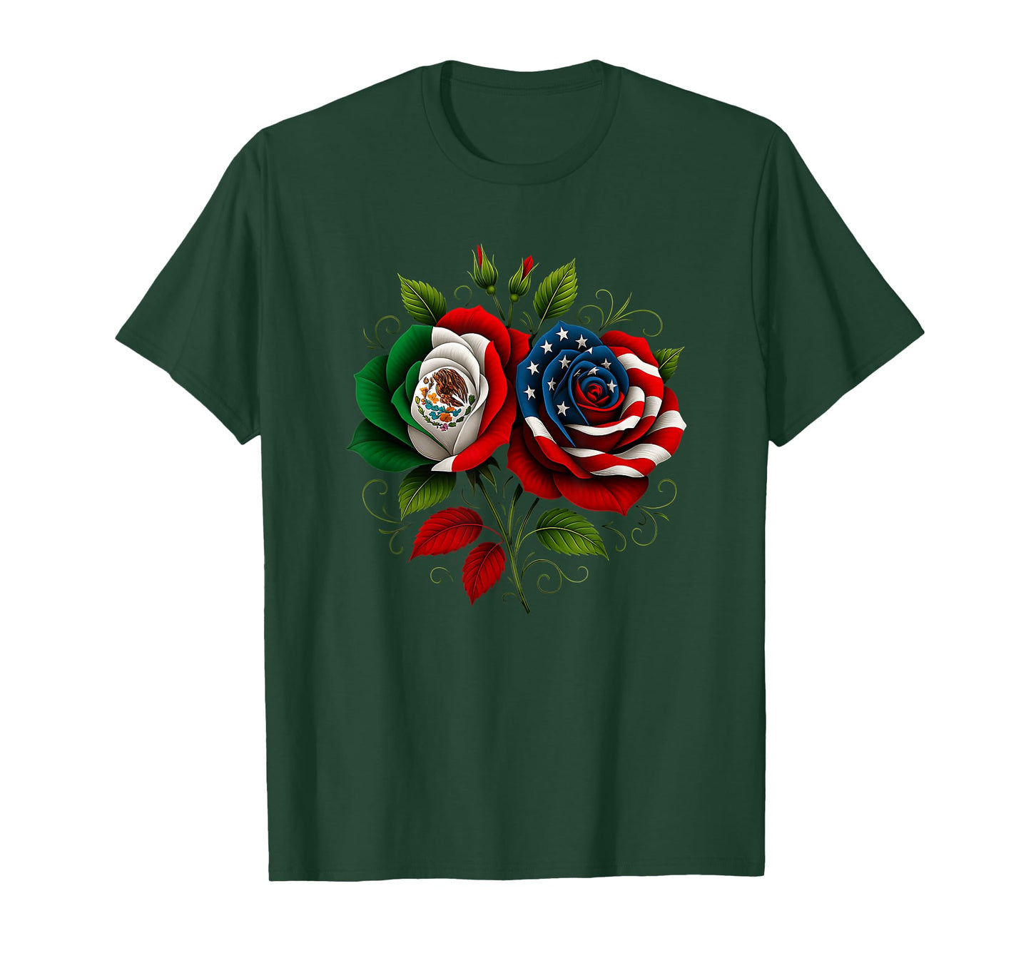Mexico USA Flag Mexican Flag American Flag Rose Flower T-Shirt