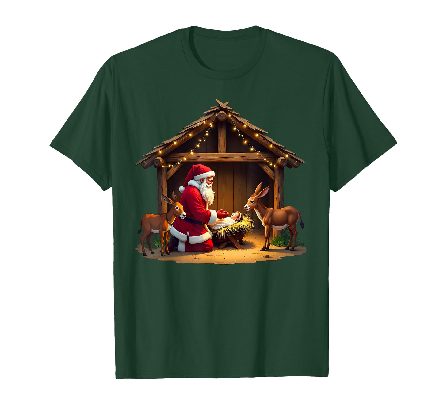 Kneeling Santa Claus & Baby Jesus Merry Christmas Christians T-Shirt