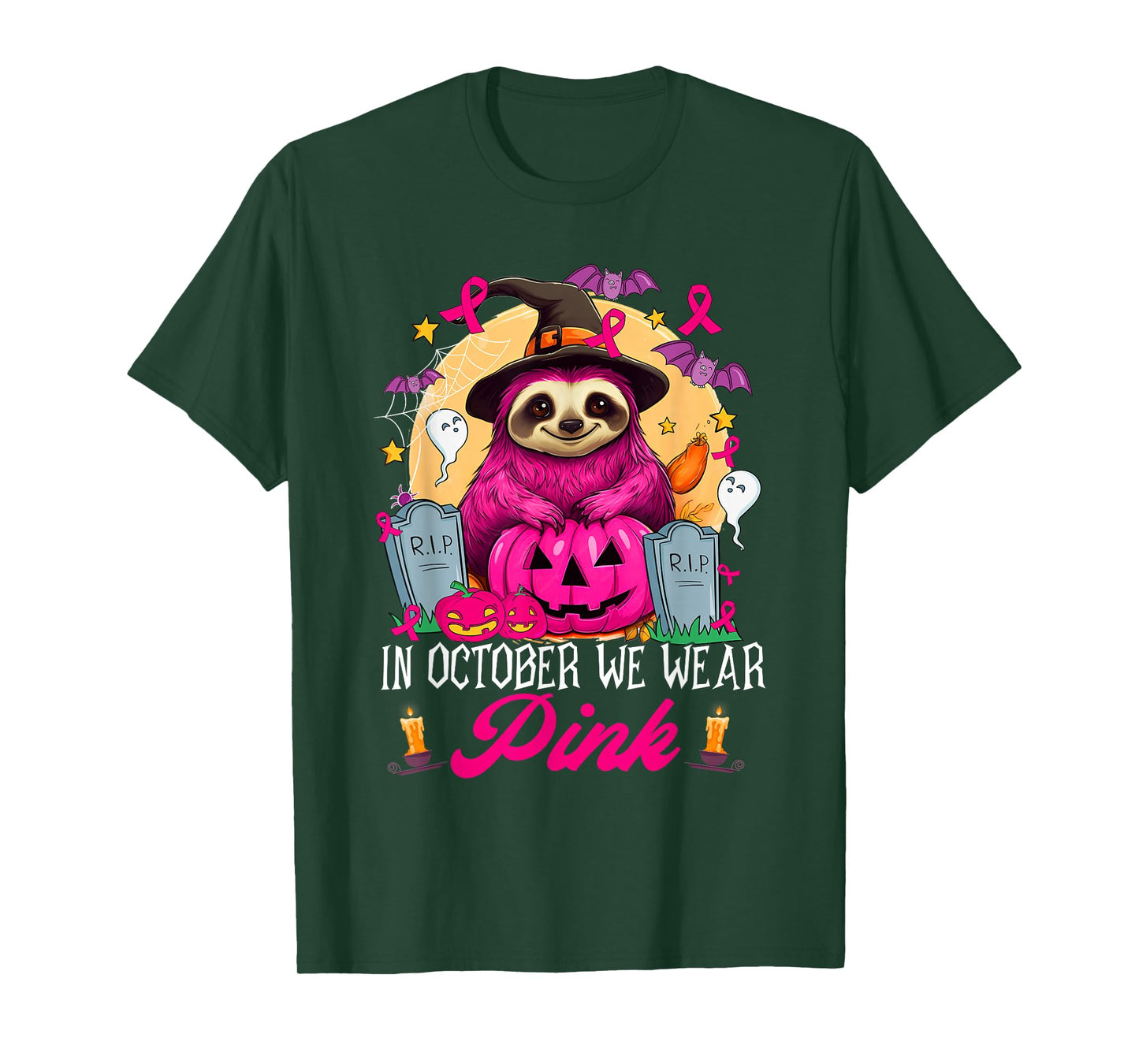 in October We Wear Pink Sloth Halloween Breast Cancer T-Shirt
