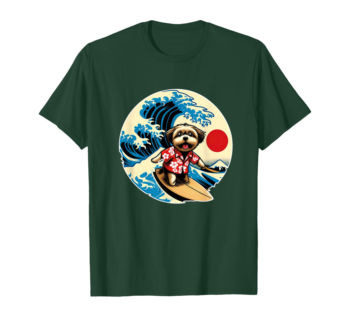 Great Wave Kanagawa Morkie dog Surfing T-Shirt for Men Women Kids