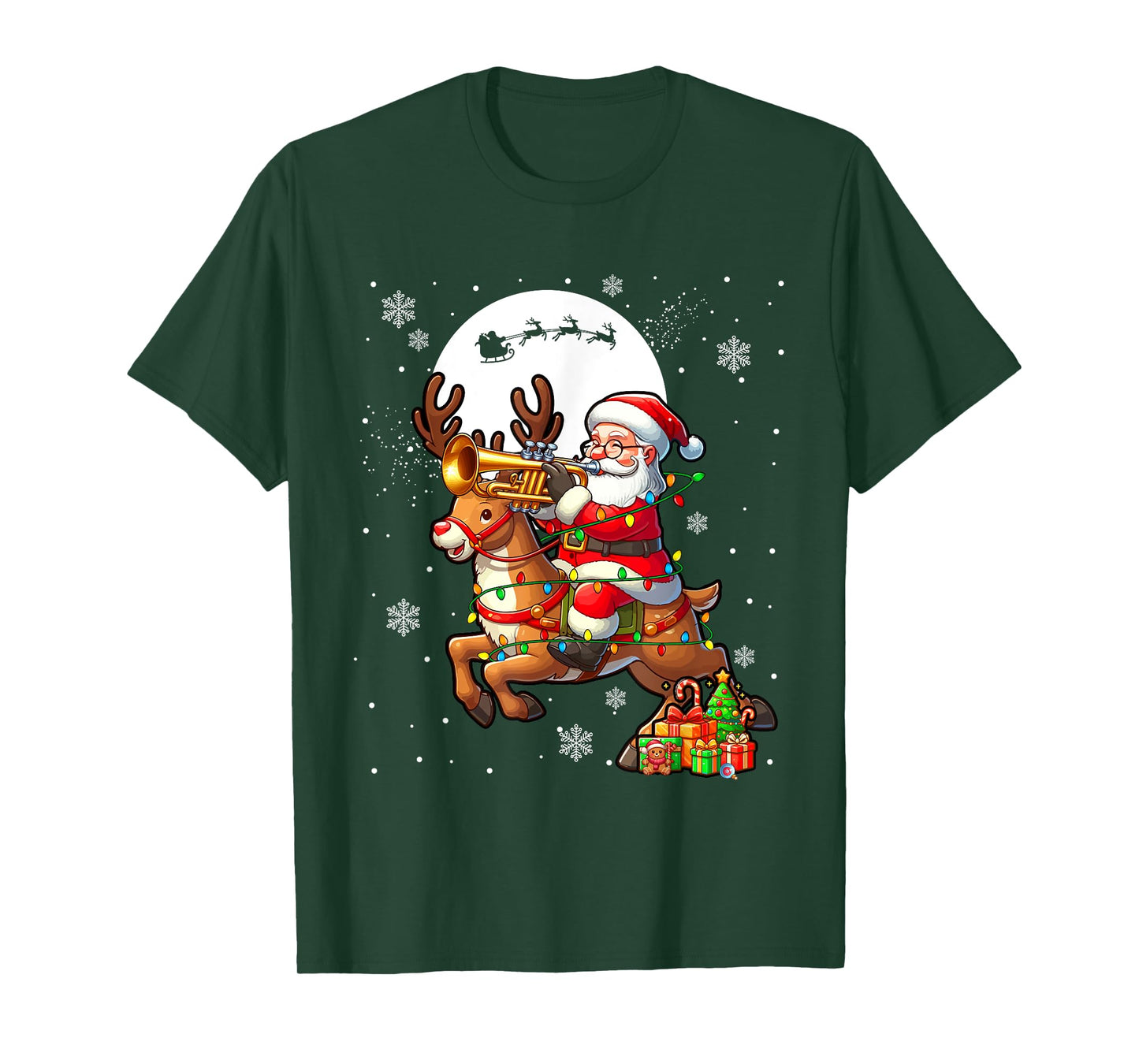 Santa Playing Trumpet On Reindeer Christmas Instrument T-Shirt