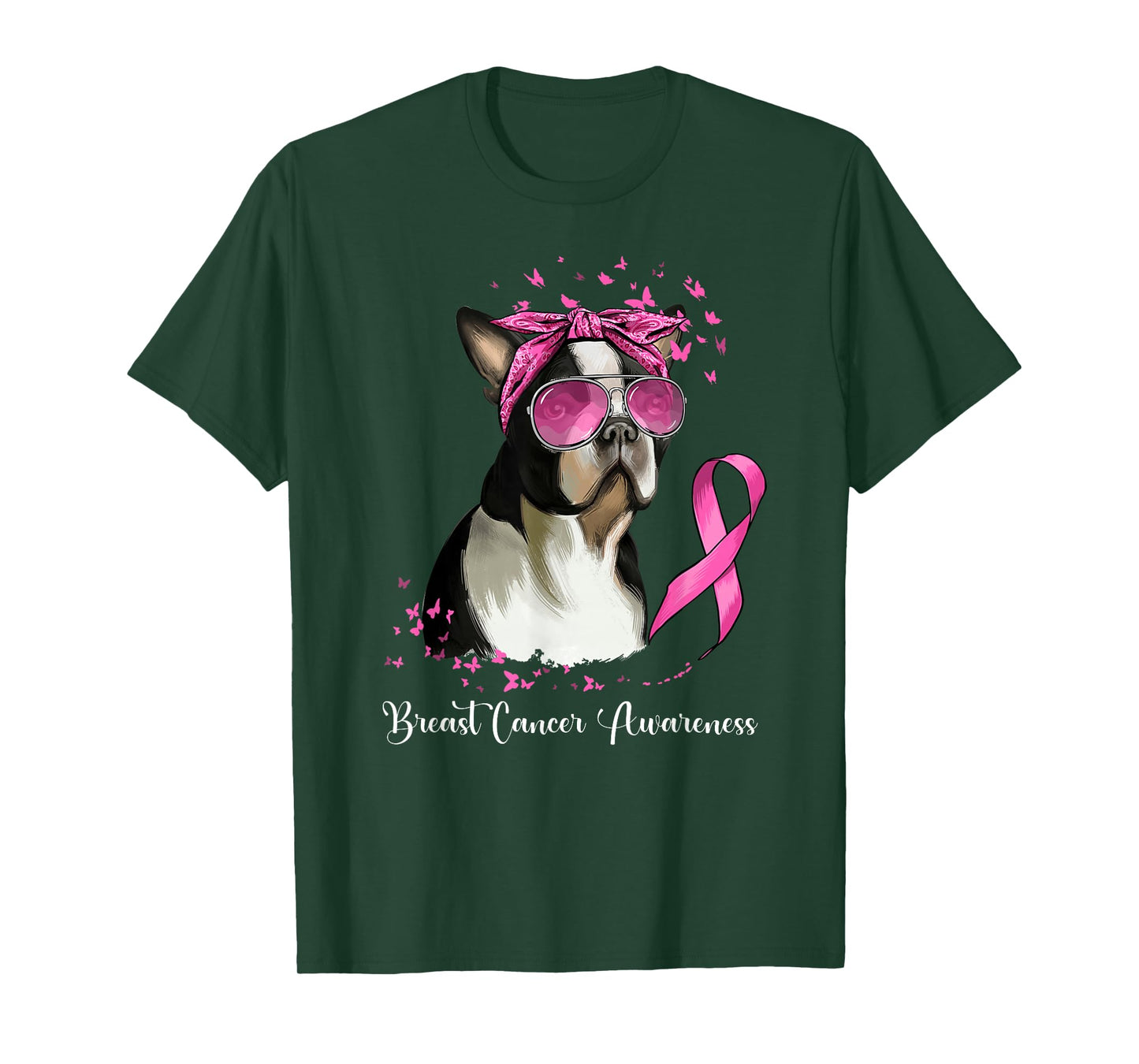 Boston Terrier Dog Lover Pink Ribbon Breast Cancer Awareness T-Shirt