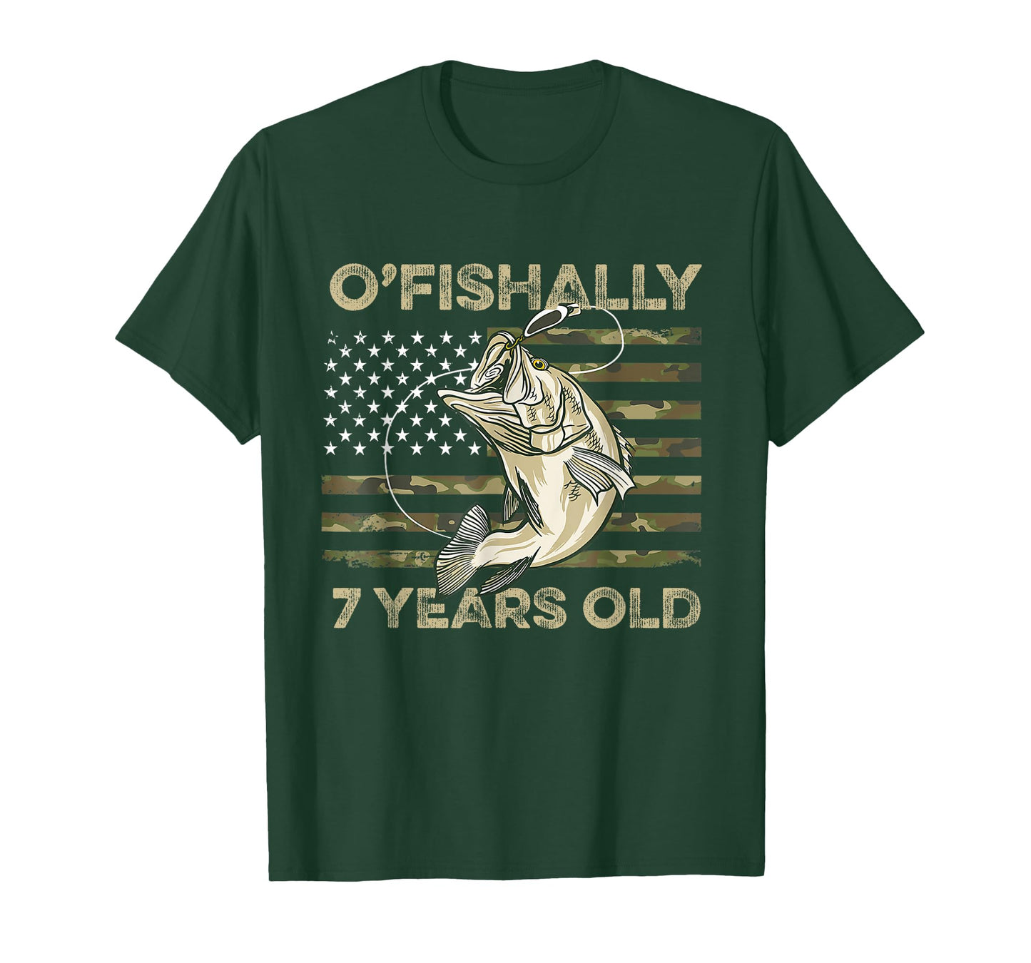 Ofishally 7 Year Old Shirt 7th Birthday US Flag Fishing T-Shirt