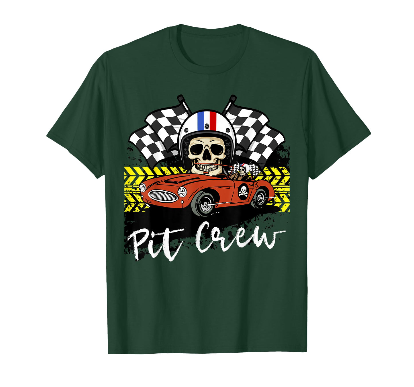 Skull Pit Crew Race car Skeleton Checkered Flag Halloween T-Shirt