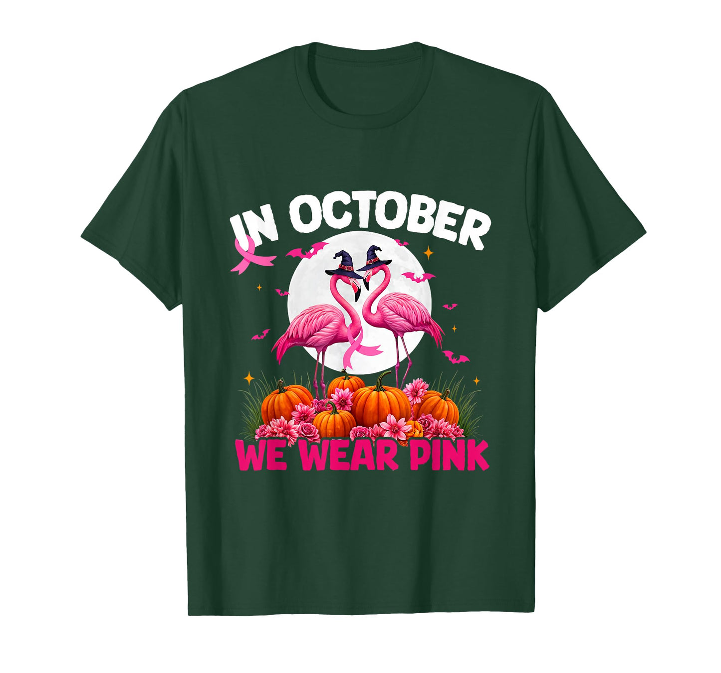 In October We Wear Pink Flamingo Witch Hat Breast Cancer T-Shirt