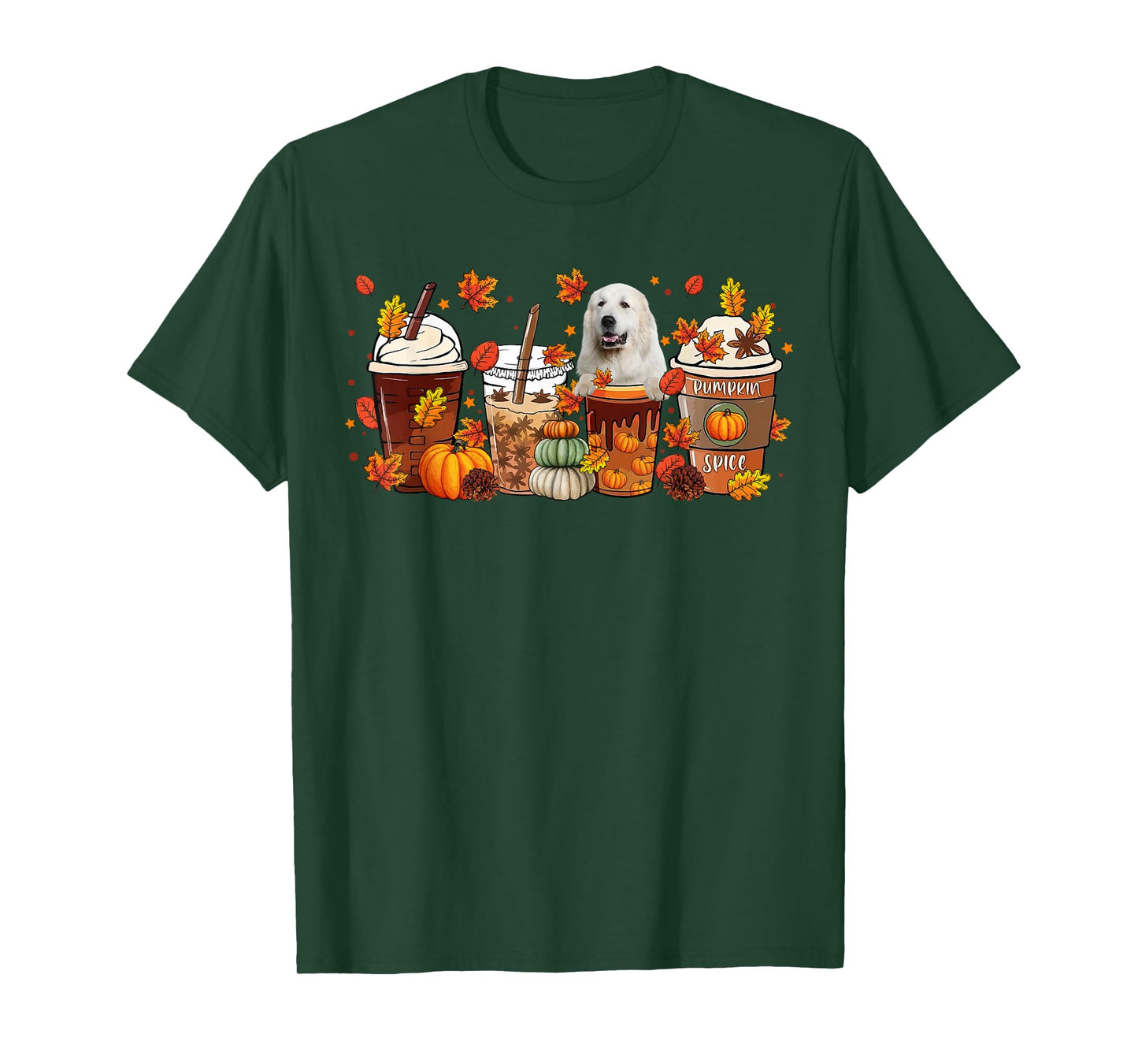 Cups Of Iced Latte & Great Pyrenees Fall Leaves Thanksgiving T-Shirt