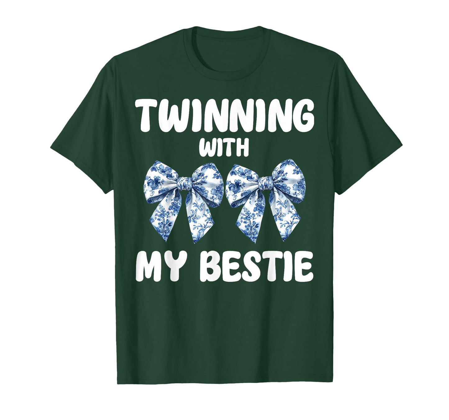 Cute Twinning With My Bestie Blue Toile Bow Coquette Bow T-Shirt