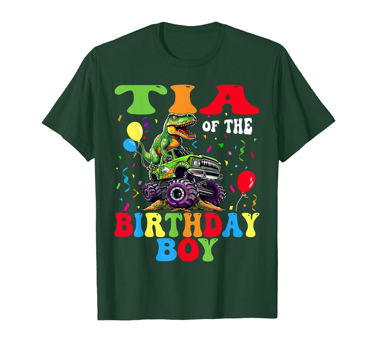 Tia Of The Birthday Boy Dinosaur Monster Truck T-Shirt