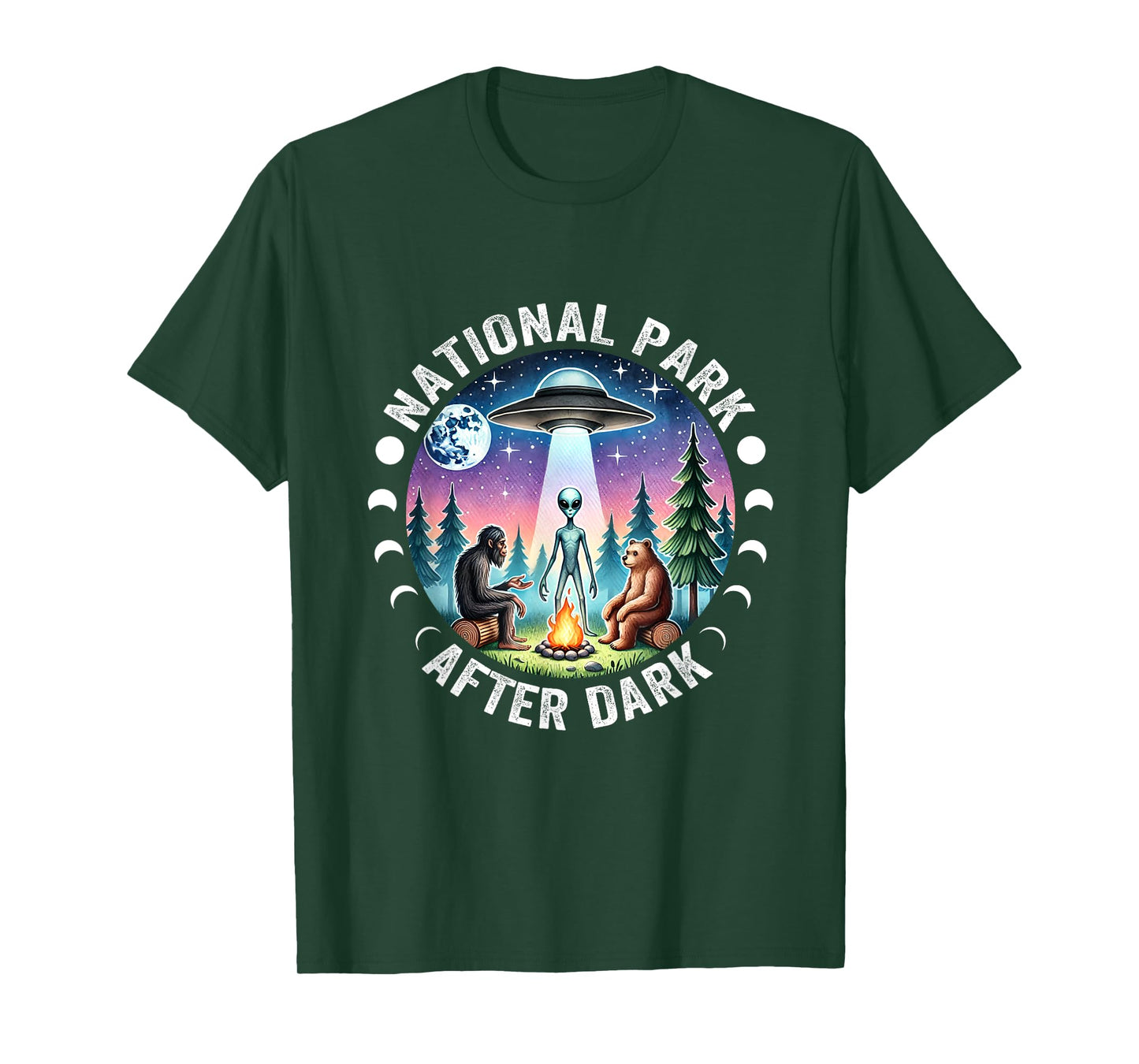 Vintage Retro Funny National Park After the Dark Big foot Alien Campfire T-Shirt, Small, Black