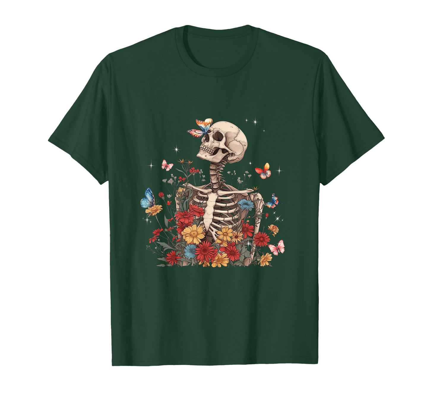 Skeleton Flowers Butterfly Floral Halloween Men Women T-Shirt