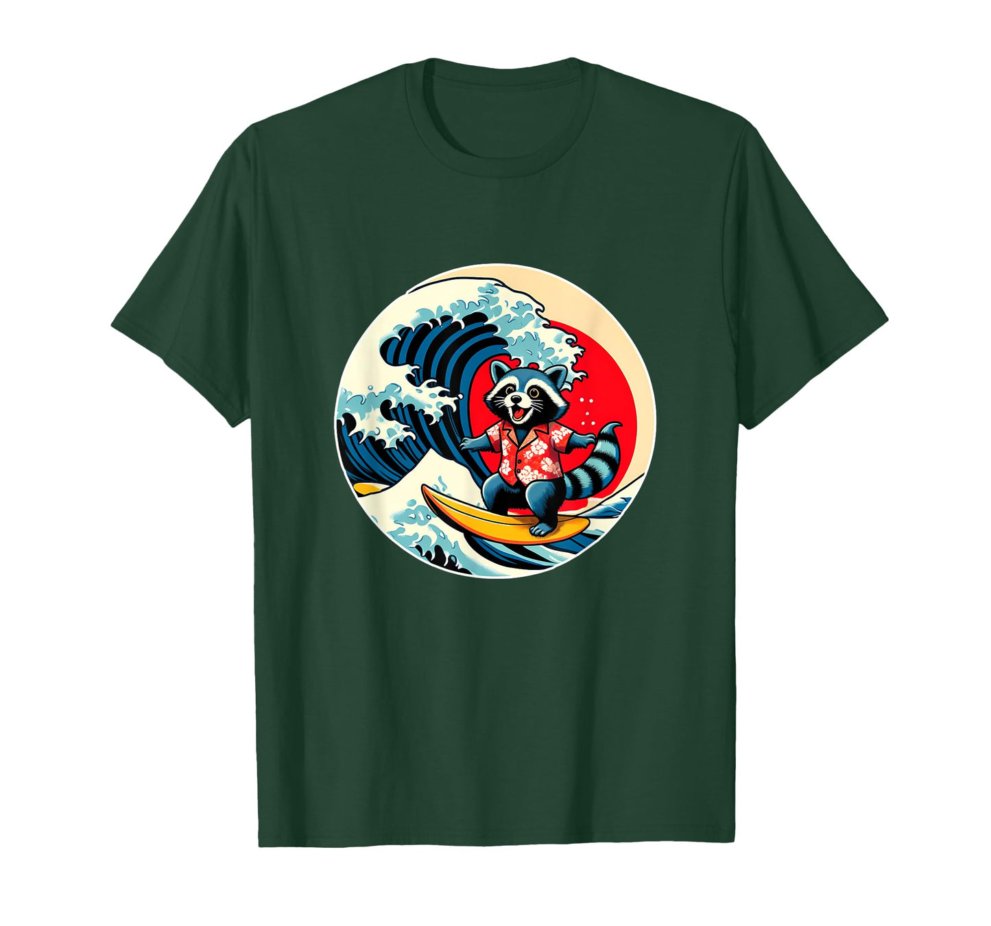 Great Wave Kanagawa Racoon Surfing T-Shirt