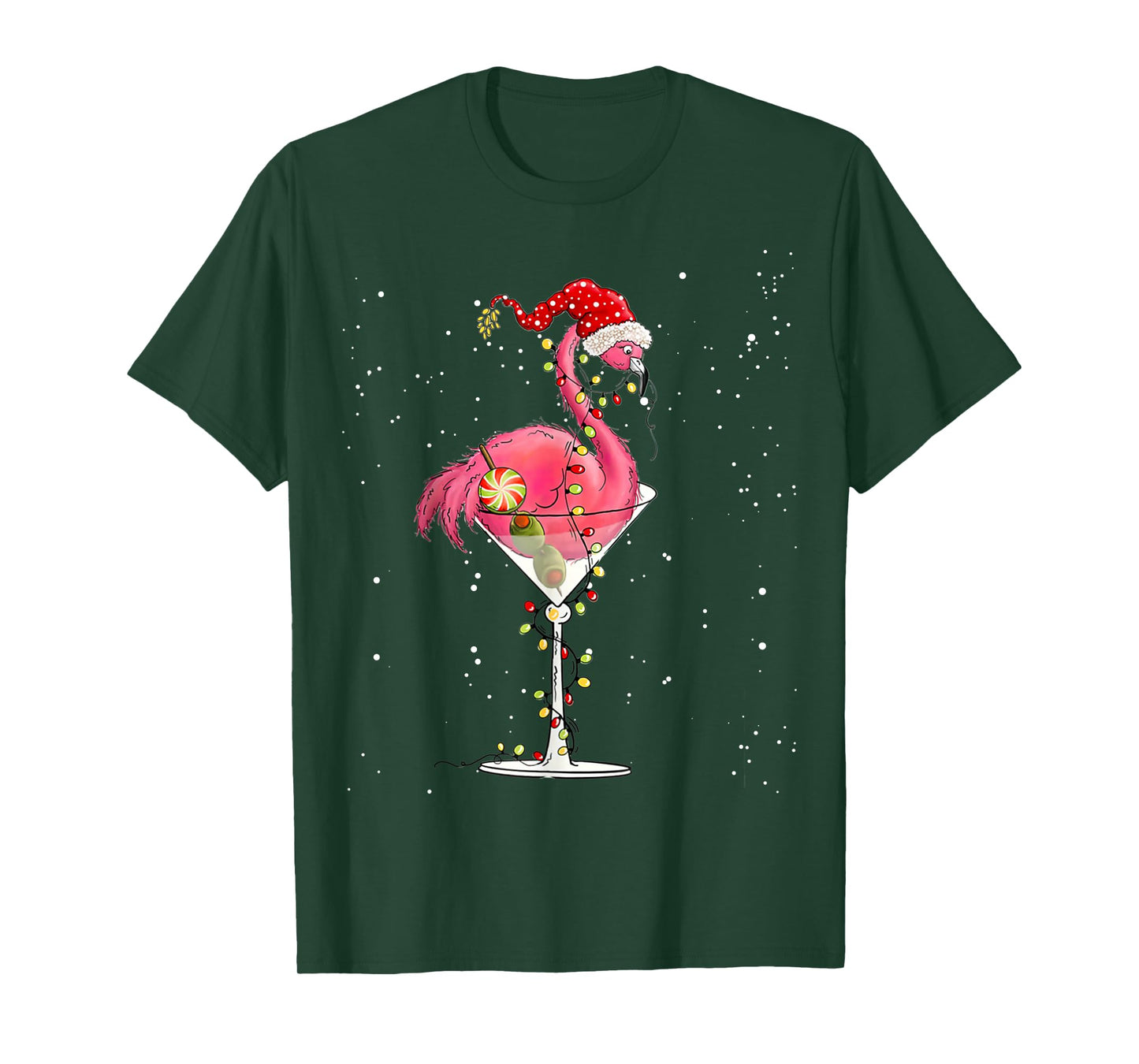 Merry Christmas Pink Flamingo Wine Drinking Lights Xmas Tree T-Shirt