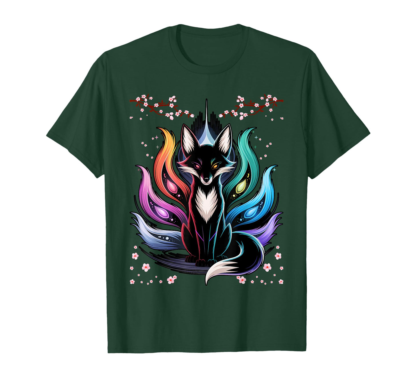 Japanese Fox Kitsune Seven Elements Cherry Flower Blossom T-Shirt