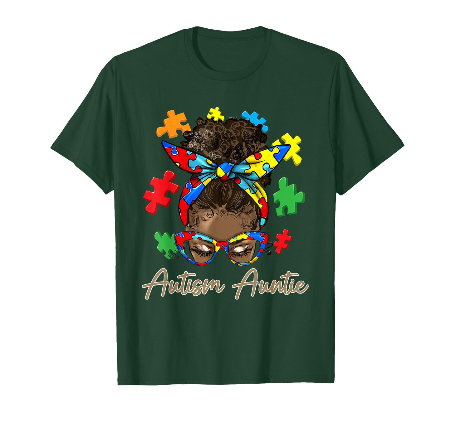 Autism Auntie Afro Black Women Messy Bun Autism Awareness T-Shirt