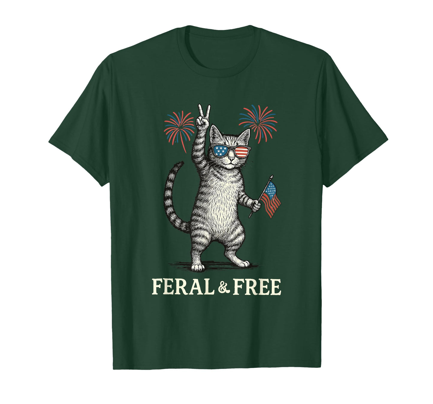 Feral & Free Funny Patriotic Cat Feral And Free 4th July Men Women Kids T-Shirt