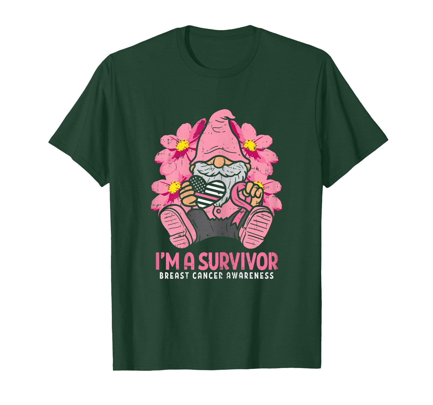 Breast Cancer Survivor Pink Ribbon Gnome US Flag Heart Gift T-Shirt