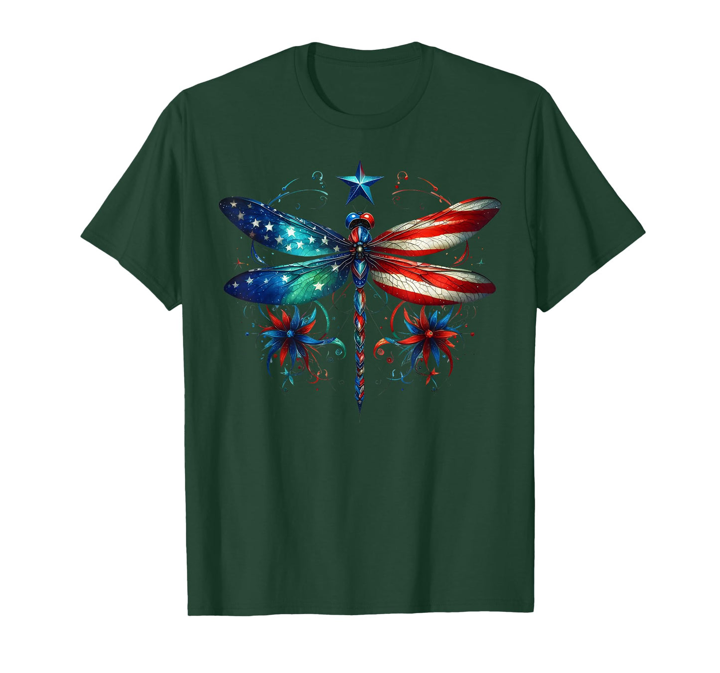 American Flag Dragonfly Patriotic 4th of July Red White Blue T-Shirt