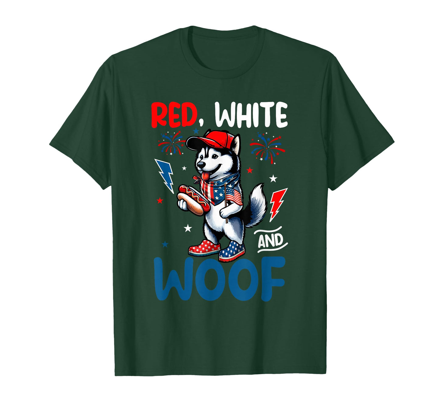 Red White And Woof 4th July US Flag Husky Eating Hotdog T-Shirt