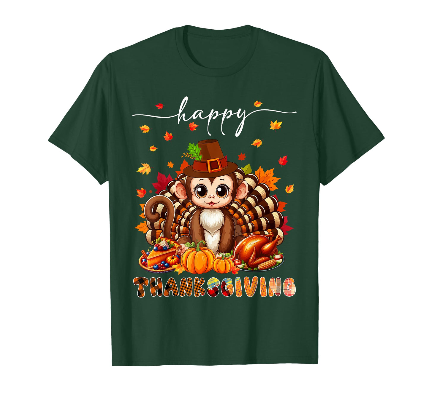 Happy Thanksgiving Monkey Costume Turkey Fall Leaves Food T-Shirt