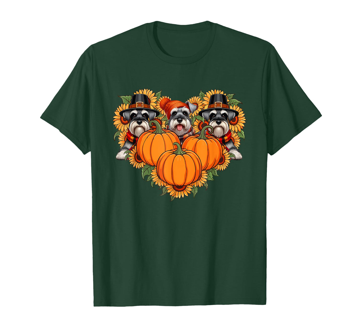 Three Cute Schnauzers Thanksgiving Pilgrim Fall Sunflowers T-Shirt