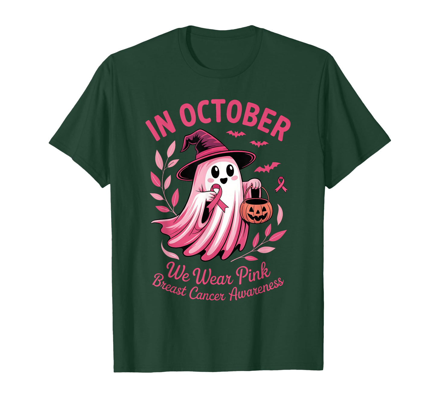 In October We Wear Pink Ribbon Ghost Halloween Breast Cancer T-Shirt