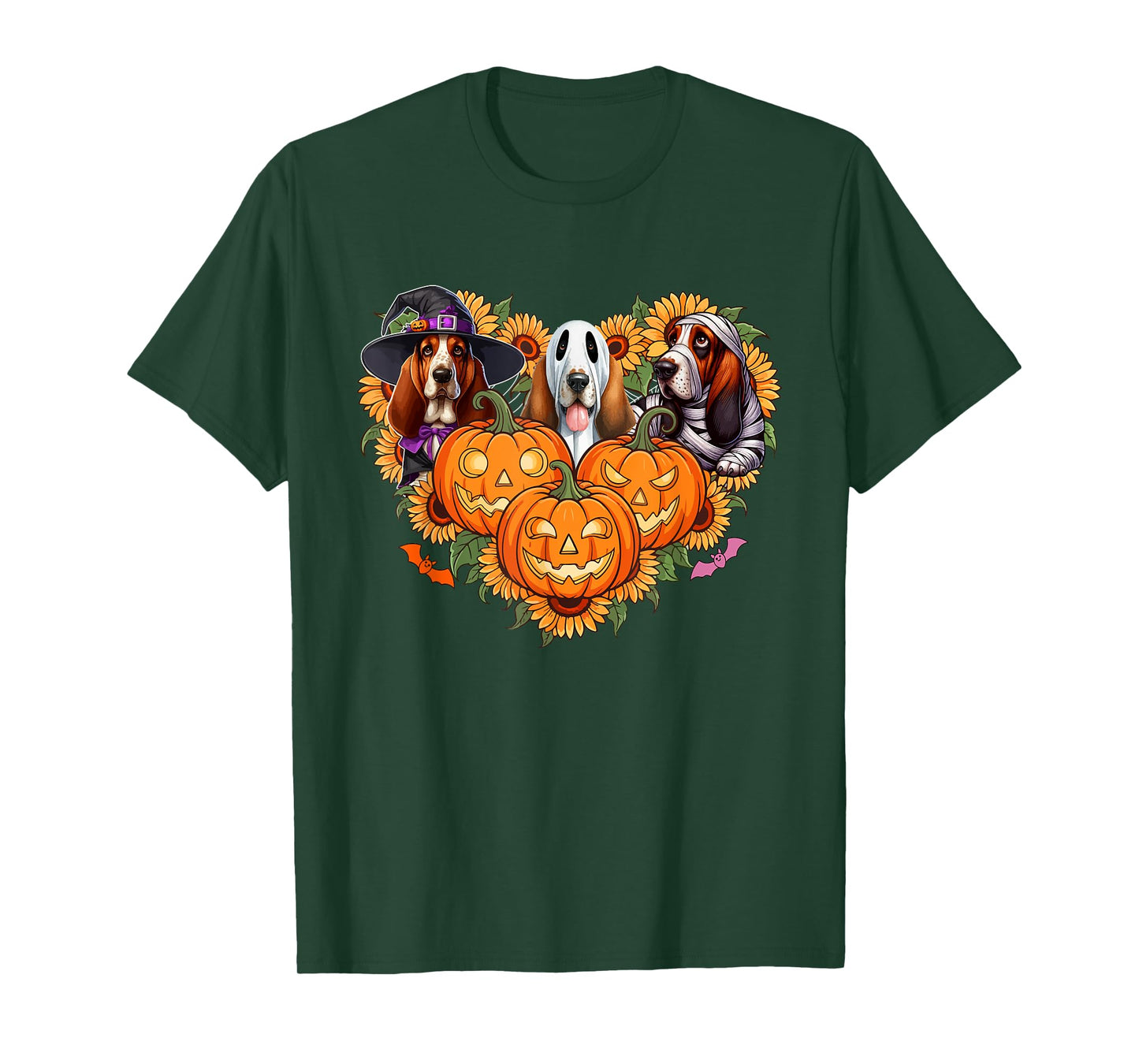 Three Halloween Basset Hounds Cosplay Witch Boo Mummy T-Shirt