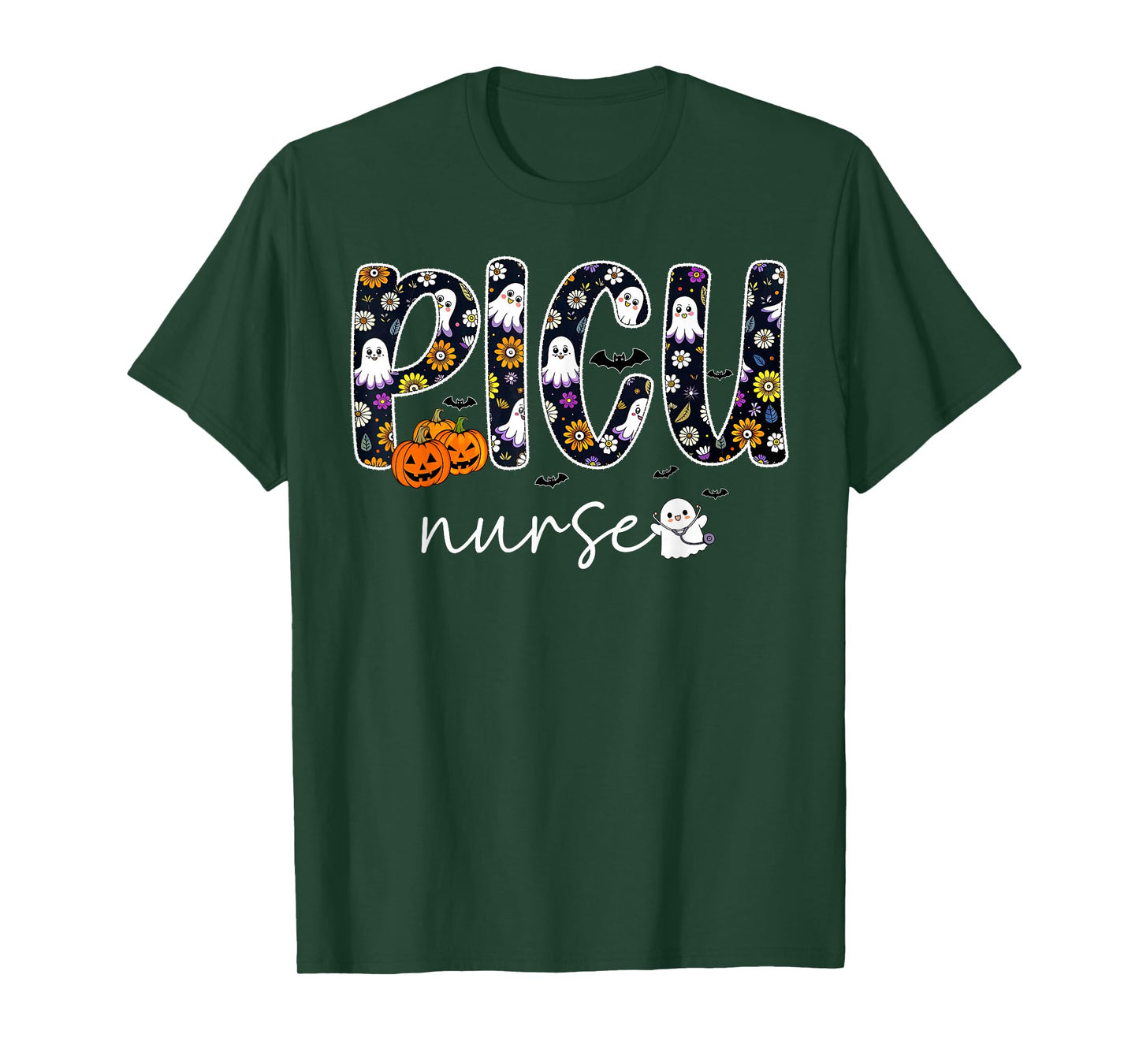 PICU Nurse Pumpkin Ghost Halloween Pediatric ICU RN T-Shirt