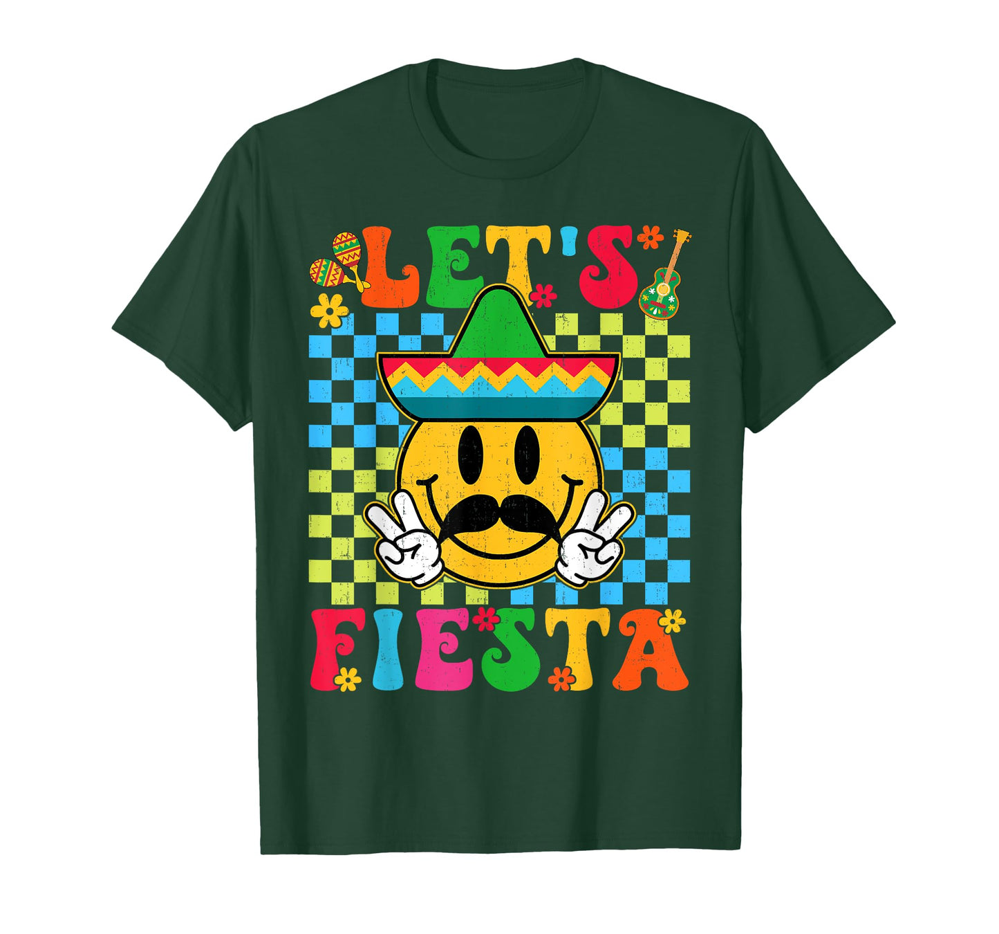 Funny Cinco De Mayo Checkered Let's Fiesta Smile Men Women T-Shirt