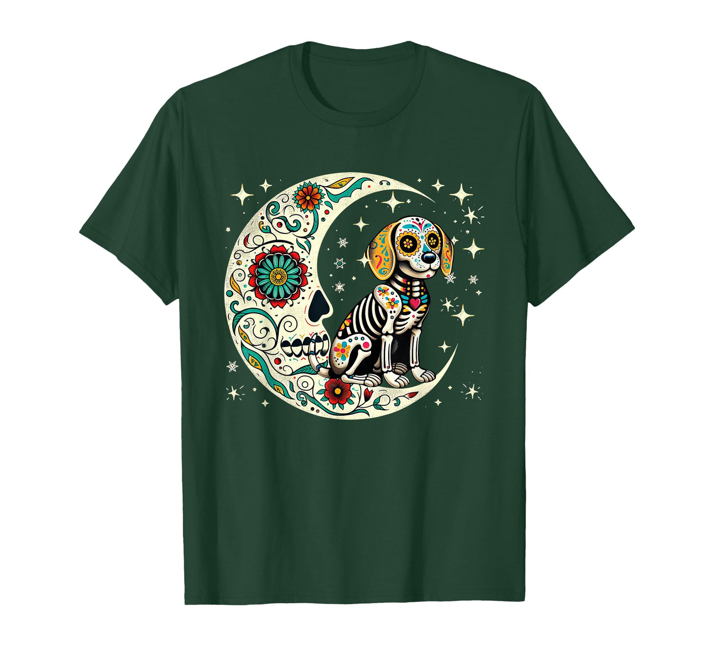 Dia De Los Muertos Halloween Moon Floral Skeleton Beagle T-Shirt