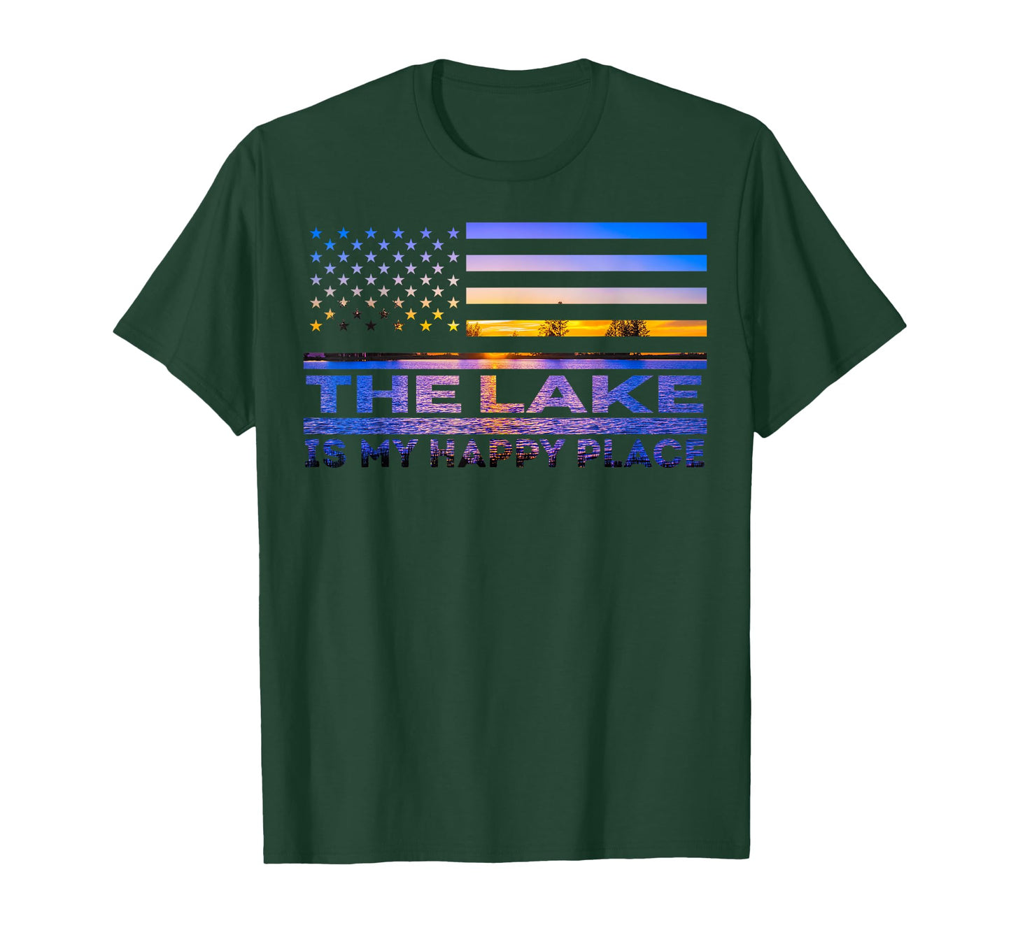 The Lake is My Happy Place Sunset American Flag Summer Vacay T-Shirt