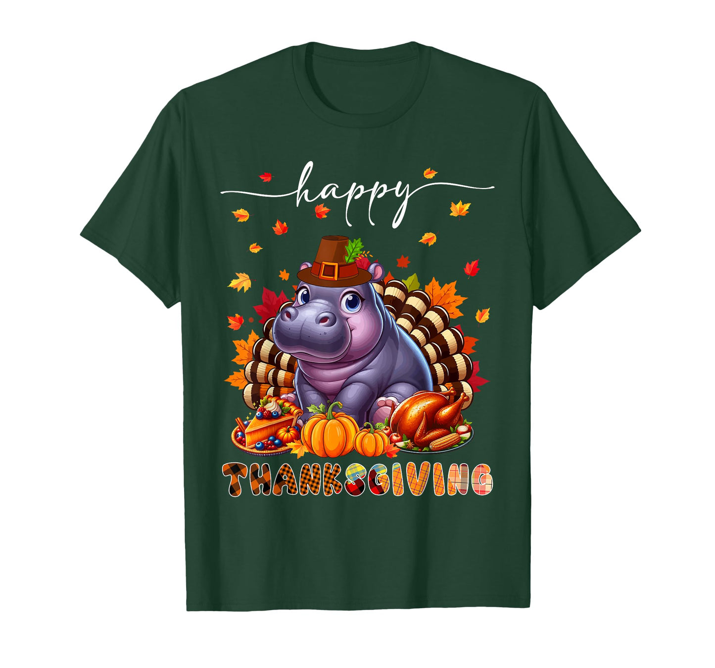 Happy Thanksgiving Hippo Costume Turkey Fall Leaves Food T-Shirt