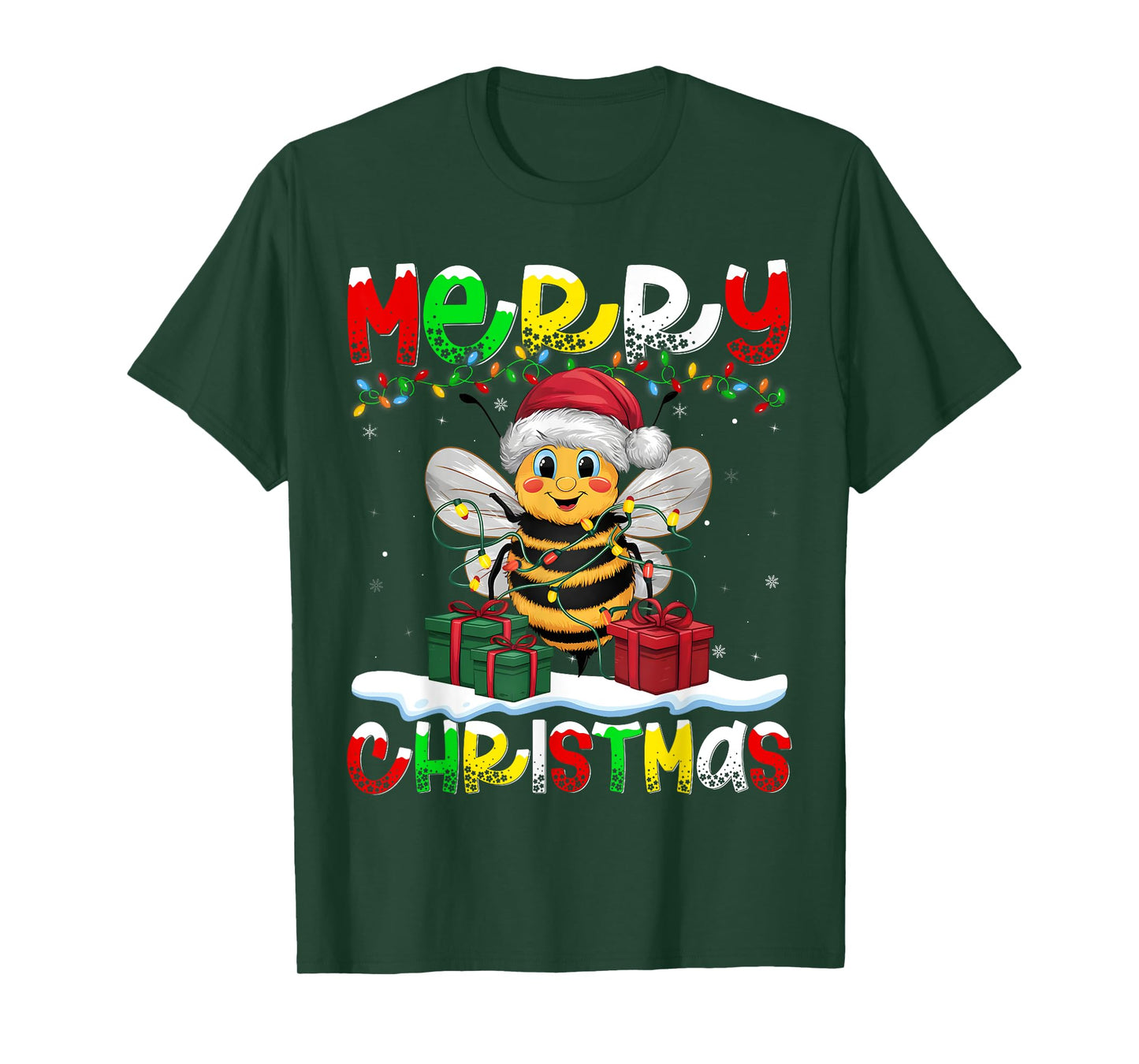 Xmas Lighting Santa Hat Bee Merry Christmas T-Shirt