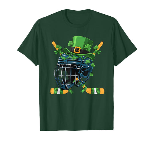 St Patricks Day Ice Hockey Helmet Saint Paddys Boys Men T-Shirt - T-Shirt | Forest
