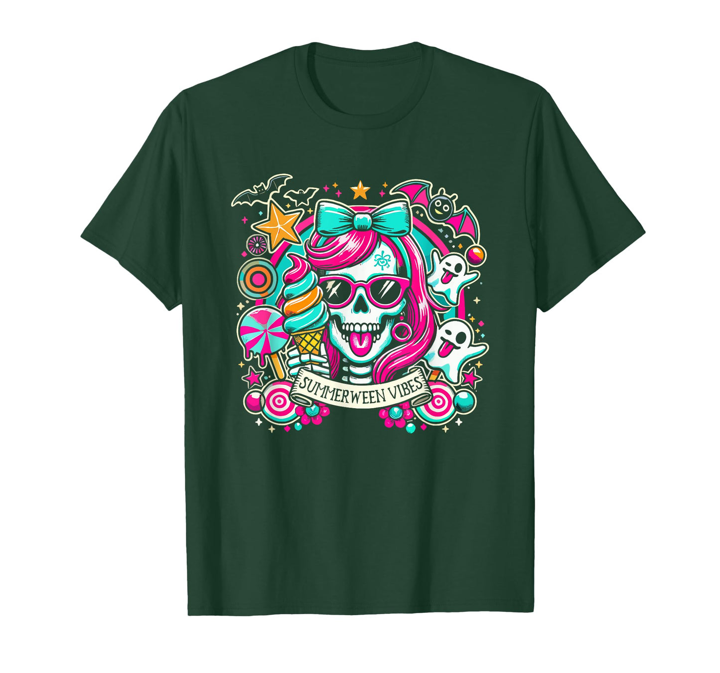 Summerween Vibes Skeleton Spooky Vacation Halloween Summer T-Shirt for Men Women Kids