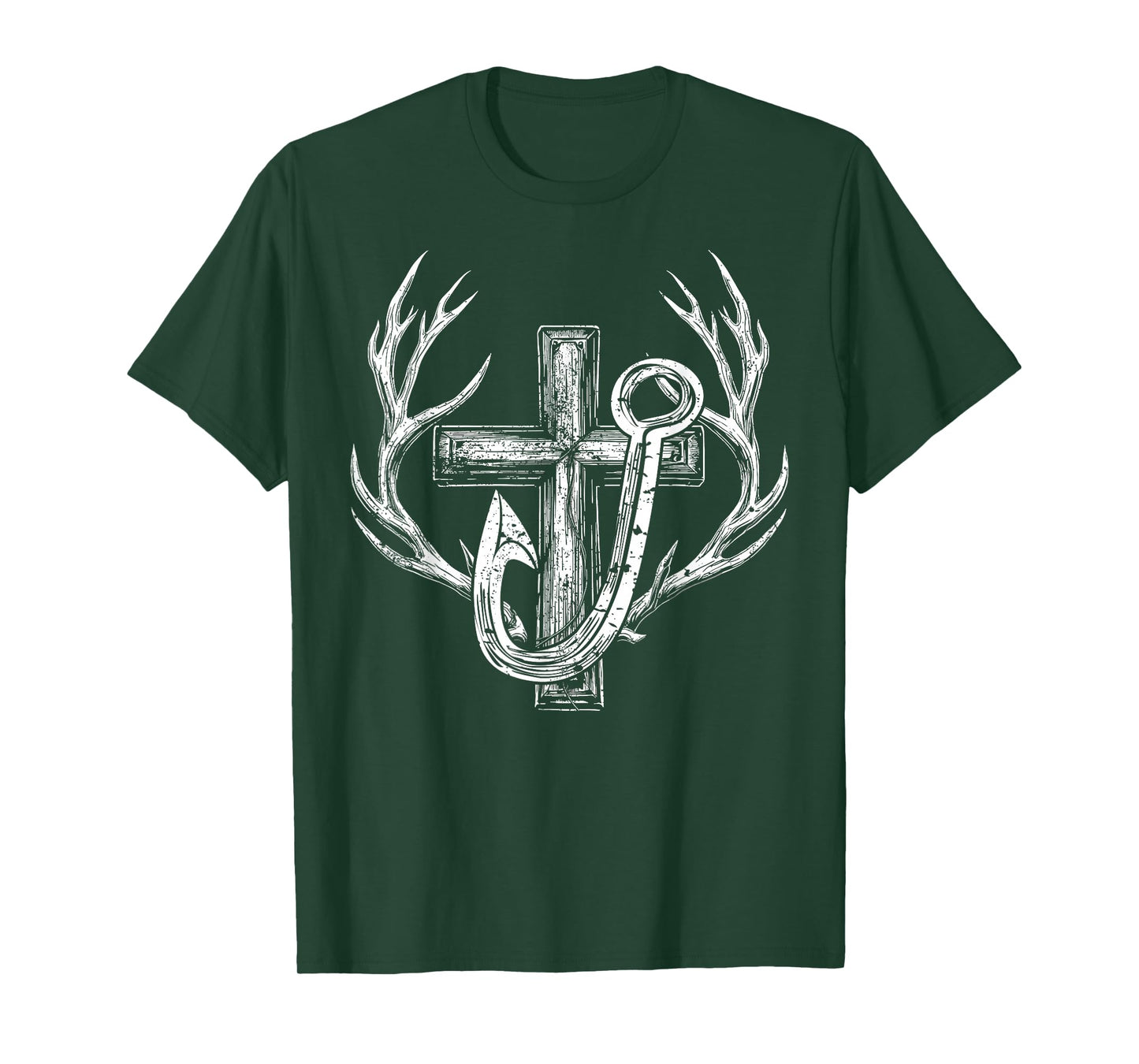Cross & Fish Hook Deer Hunting & Fishing Lover Dad Christian T-Shirt