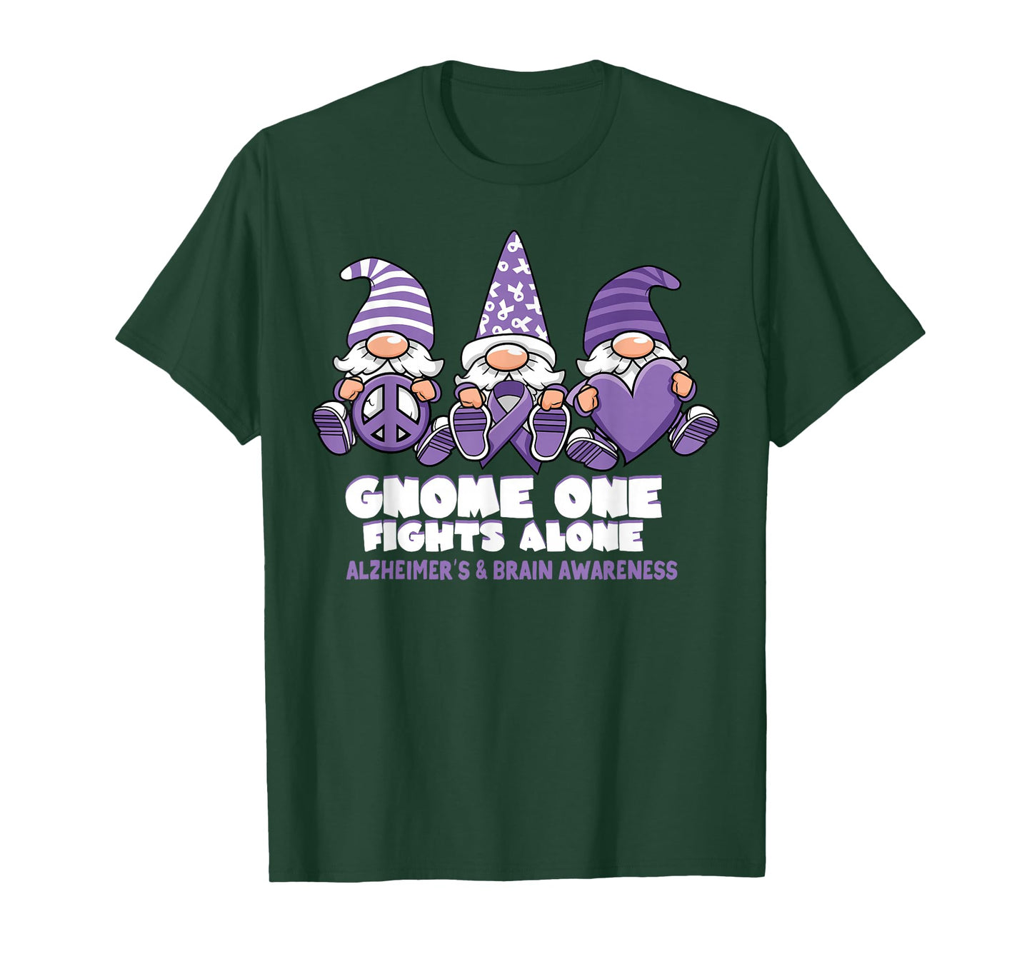 Alzheimers Brain Awareness Gnome One Fights Alone Purple T-Shirt
