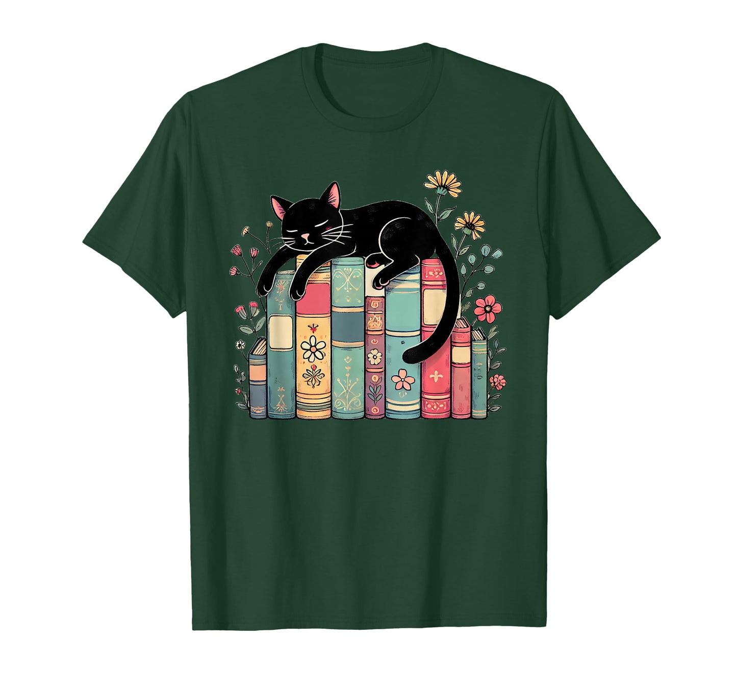 Floral Black Cat Sleeping On Books T-Shirt