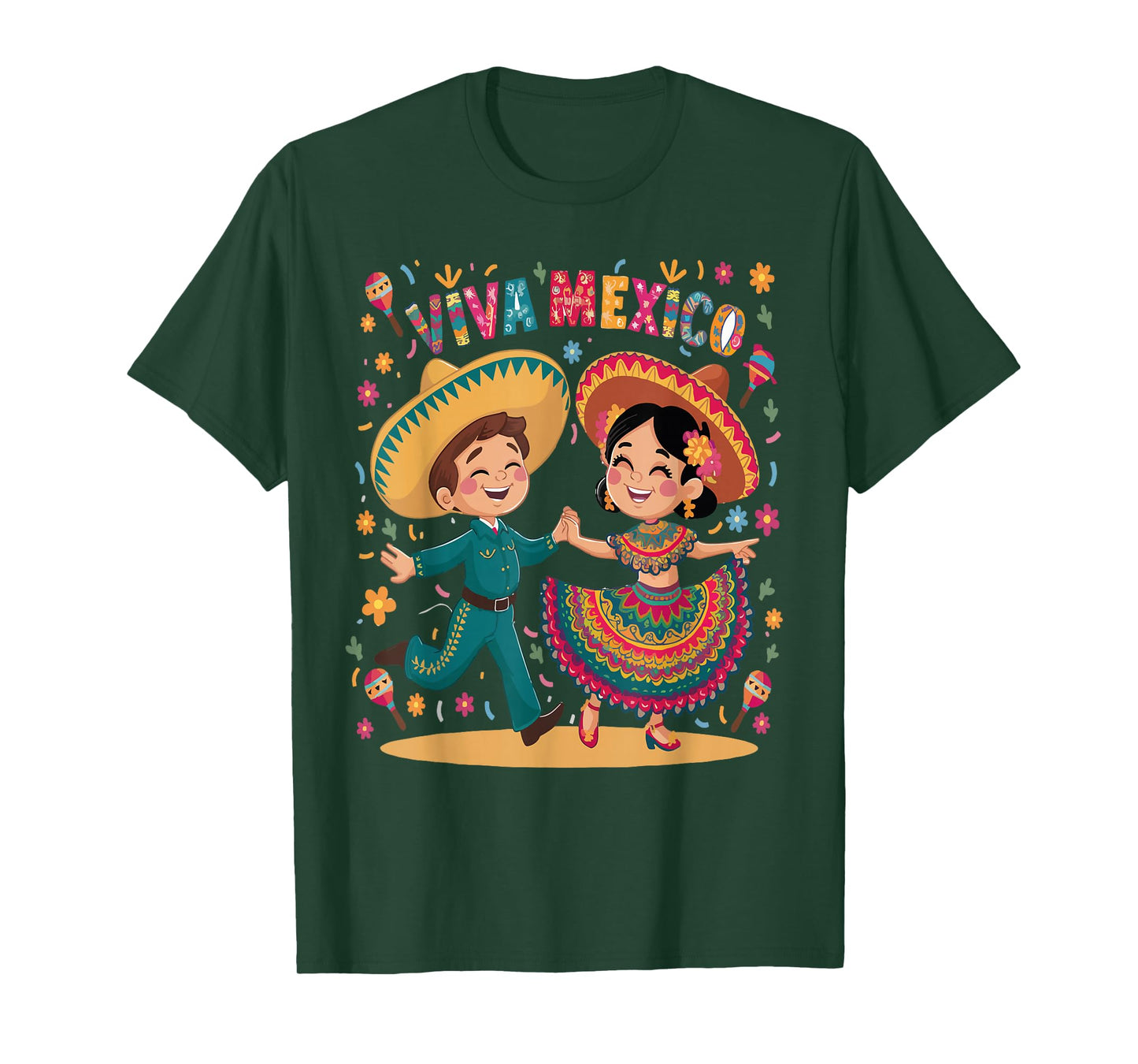 Viva Mexico Cute Cartoon Mexican Boy & Girl in Traditional T-Shirt