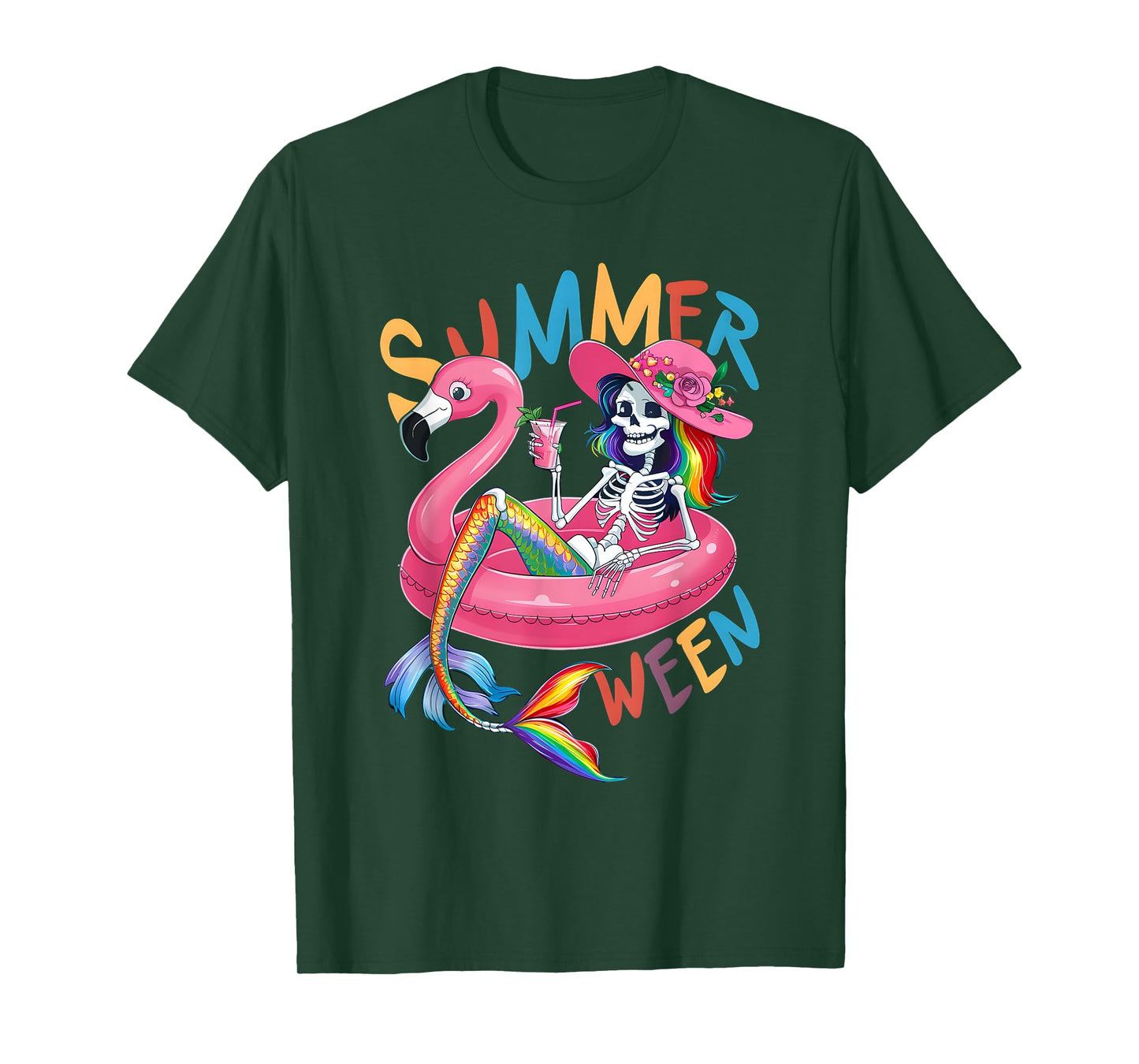 Summerween Mermaid Skeleton Flamingo Summer Halloween Women T-Shirt