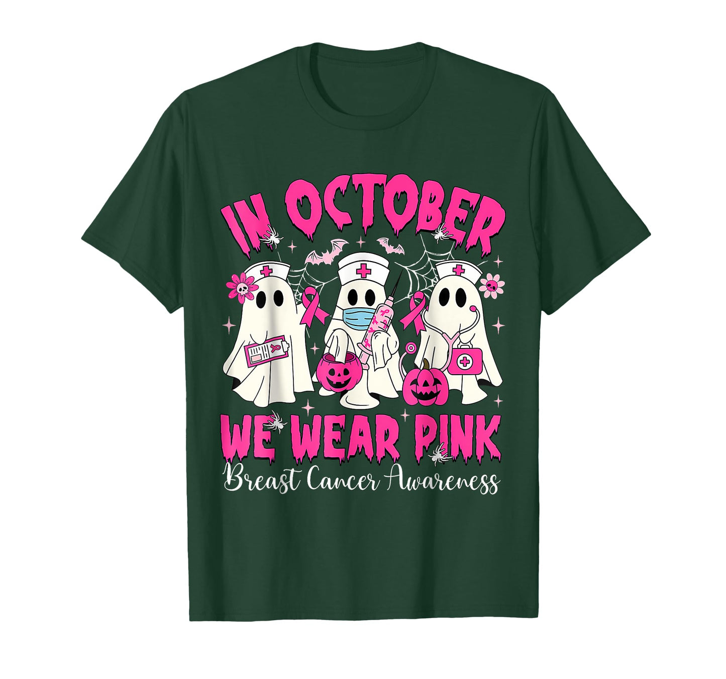 In October We Wear Pink Nurse Ghost Halloween Breast Cancer T-Shirt