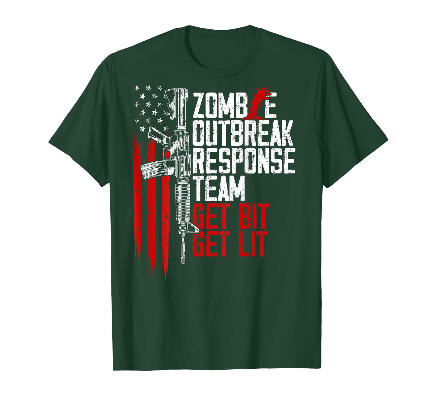 USA Flag Zombie Outbreak Response Team Get Bit (on back) T-Shirt for Women Men