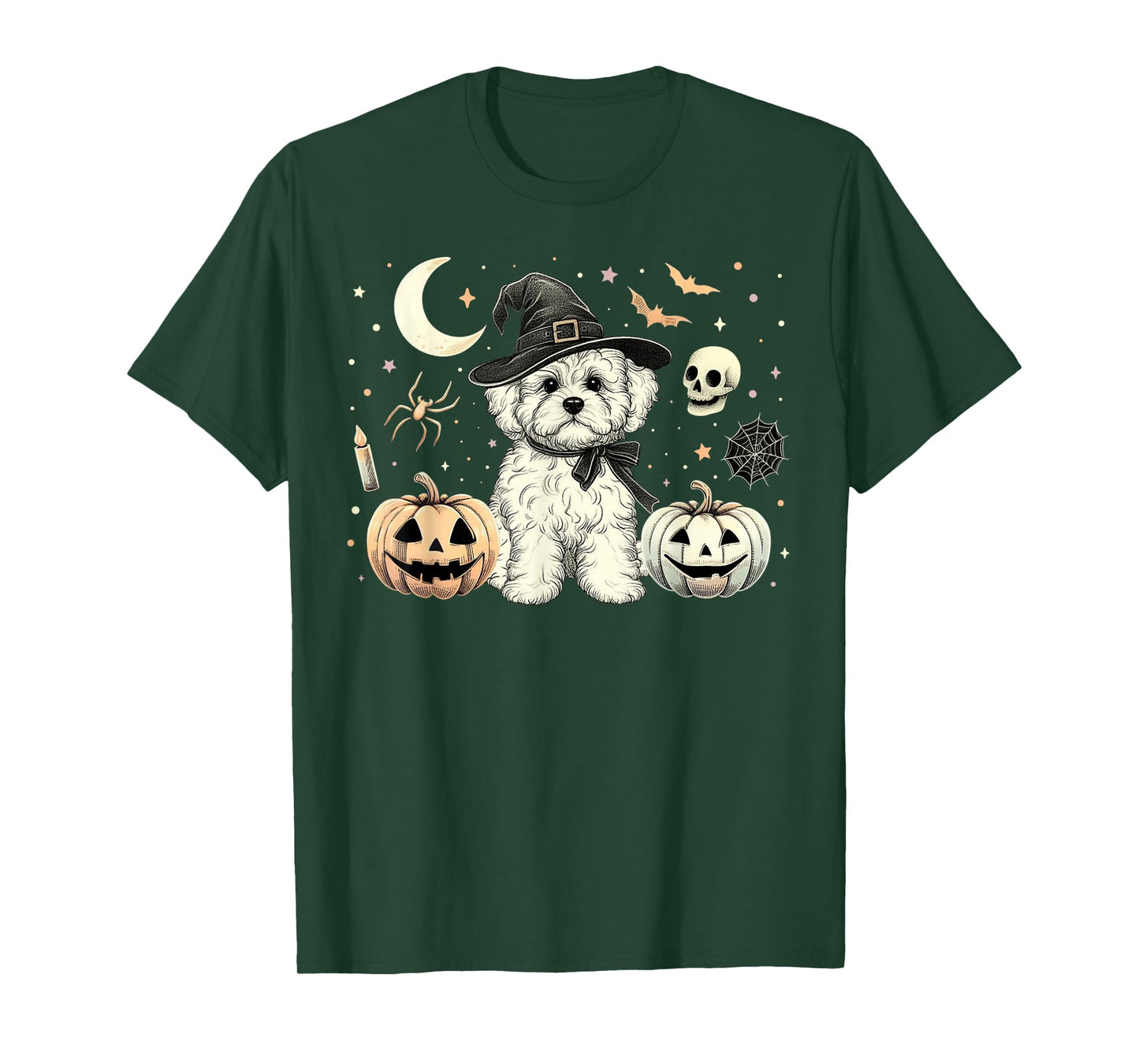 Cute Halloween Maltipoo Witch & Pumpkins Bats Spooky Holiday T-Shirt